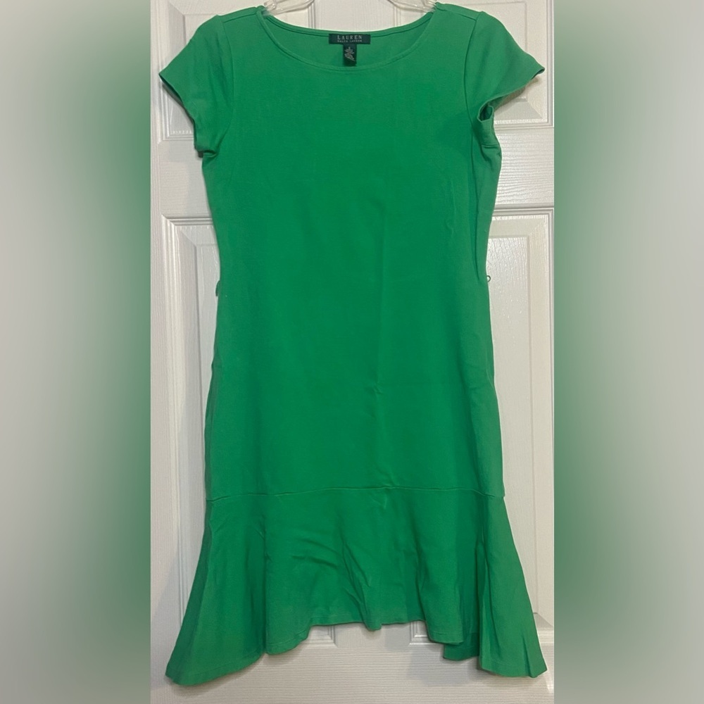 Lauren Ralph Lauren Shift Dress Womens Medium S Green Solid Cap Sleeves Ruffle